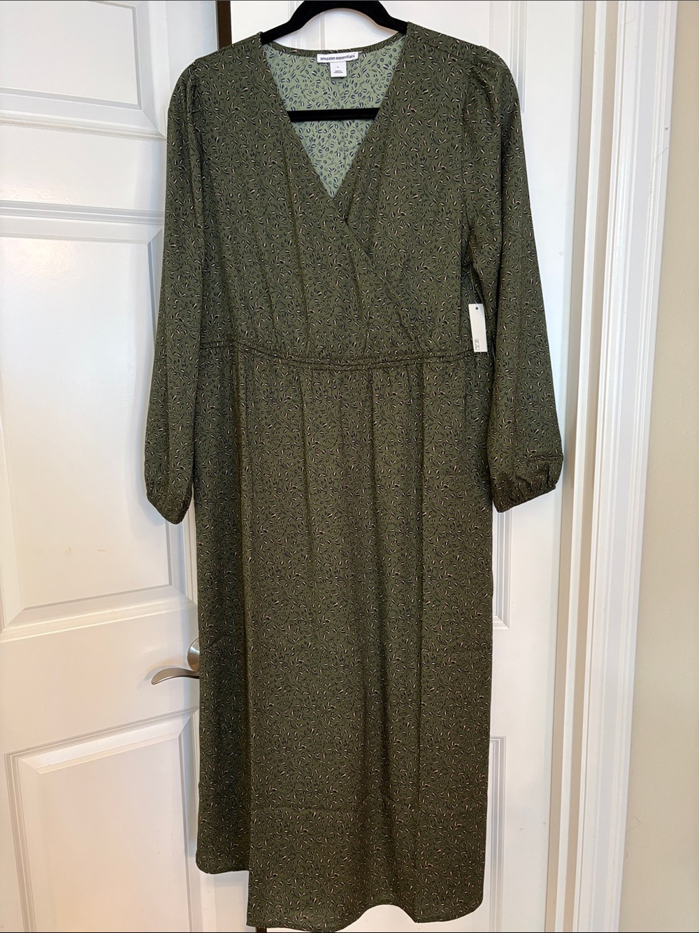 Amazon Essentials Olive Green Printed Wrap-Front Midi Dress
